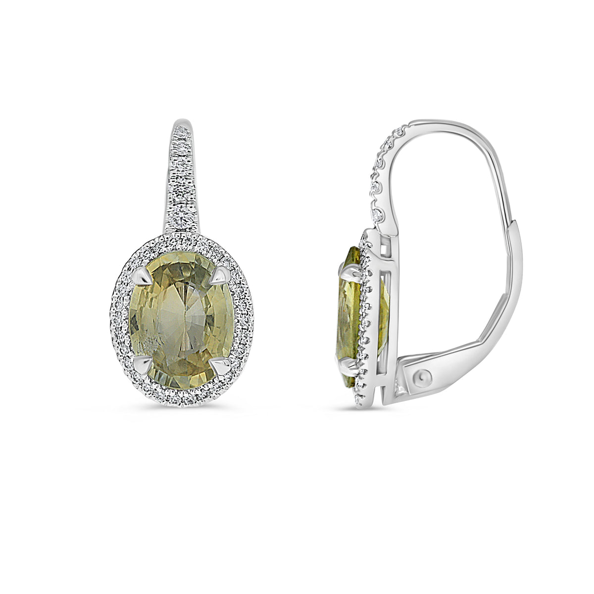 14K White Gold Oval Yellow Sapphire Halo Earrings