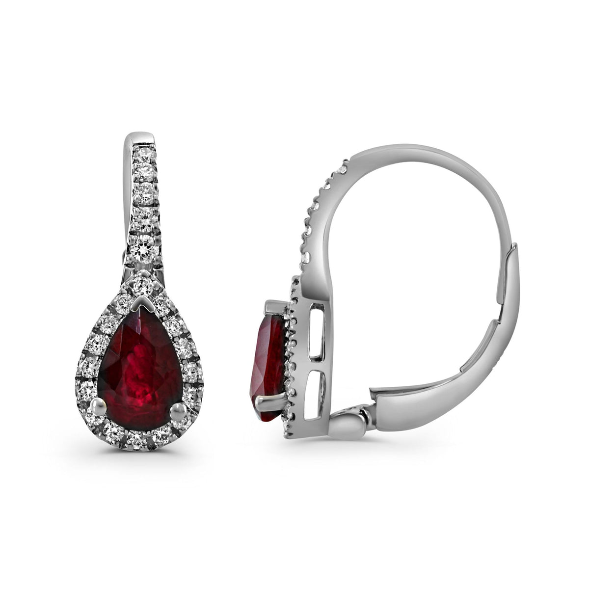 18K White Gold Pear Ruby Halo Earrings
