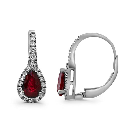 18K White Gold Pear Ruby Halo Earrings