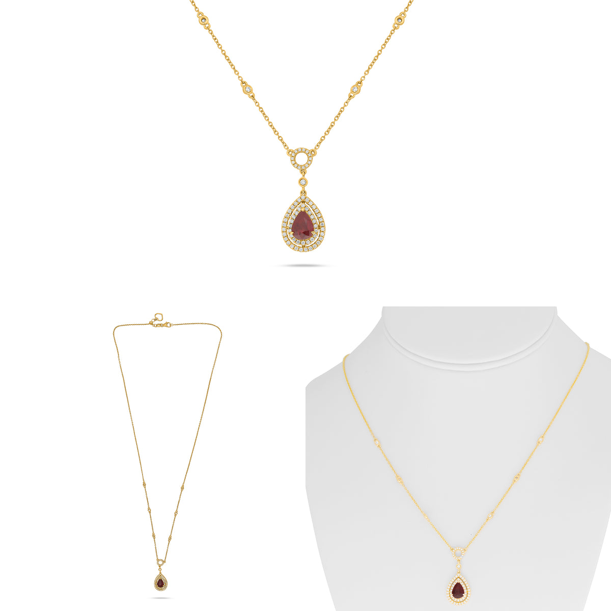 14K Yellow Gold Pear Ruby Double Necklace