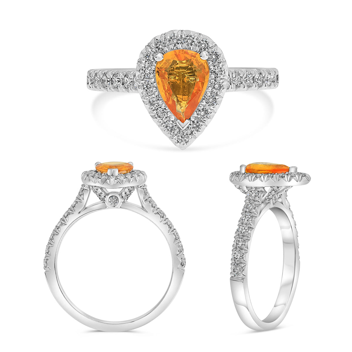14K White Gold Pear Orange Sapphire Halo Ring