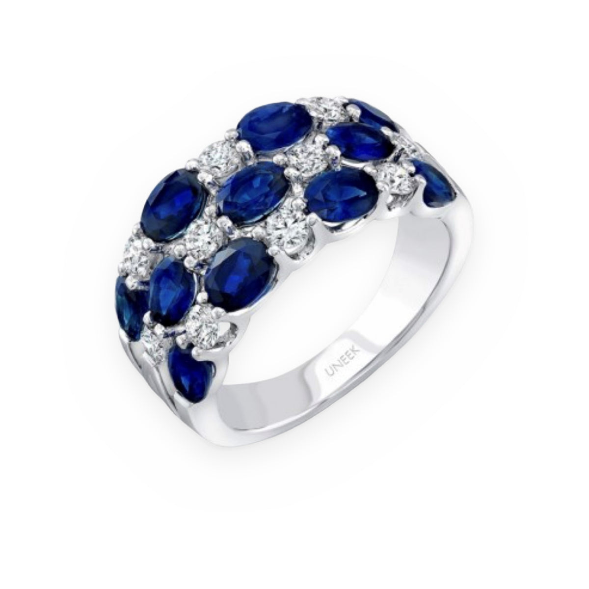 White gold blue sapphire and diamond wide band ring by Uneek