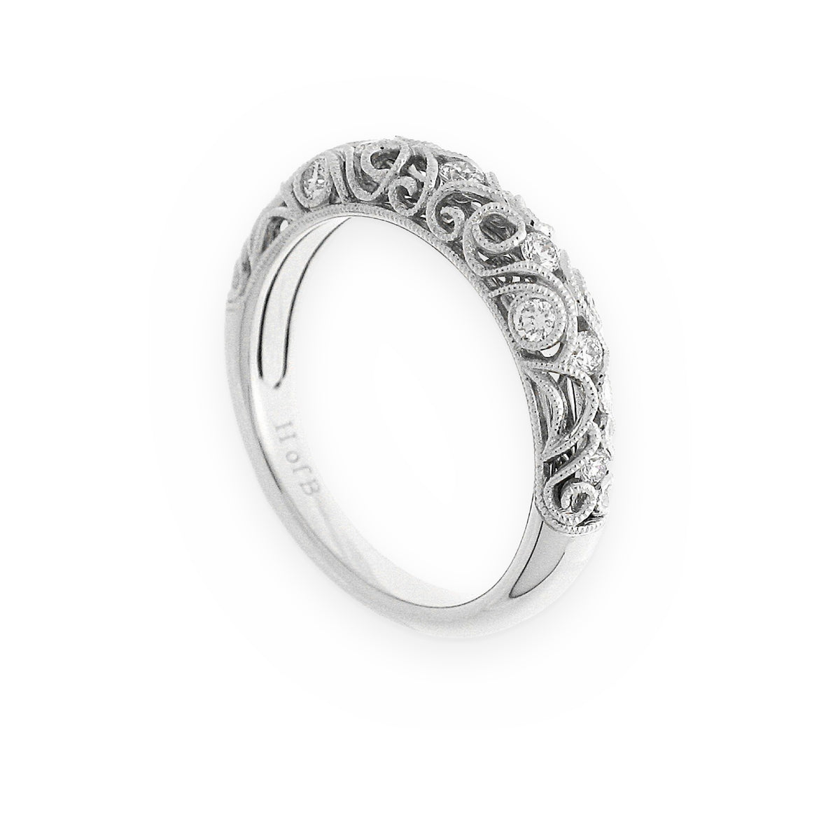 White gold diamond filigree scroll band with milgrain detailing