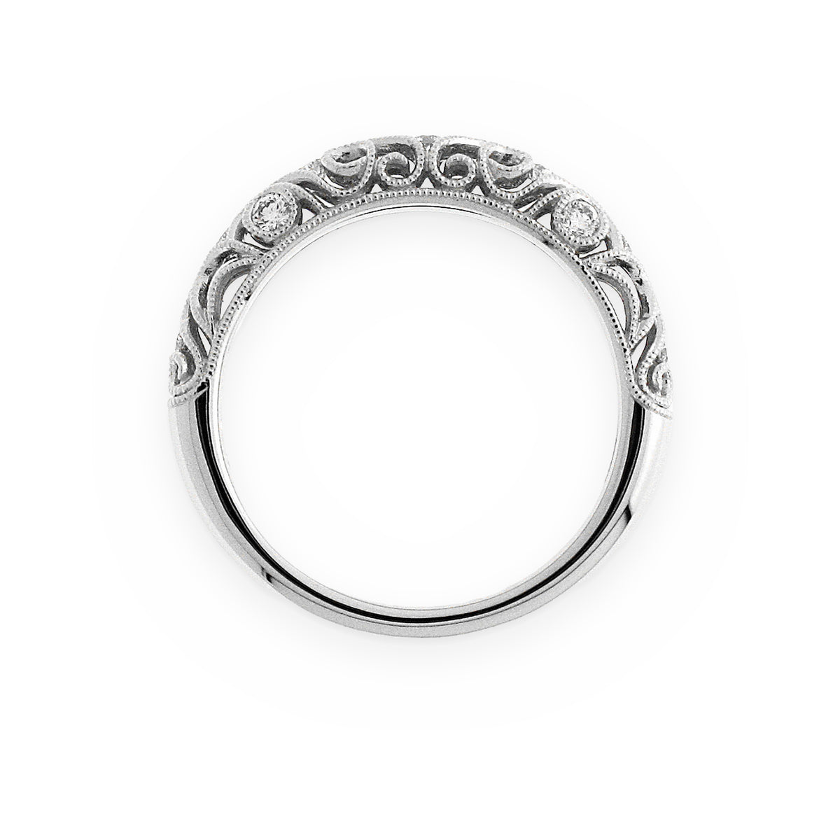 White gold diamond filigree band standing upright showing profile
