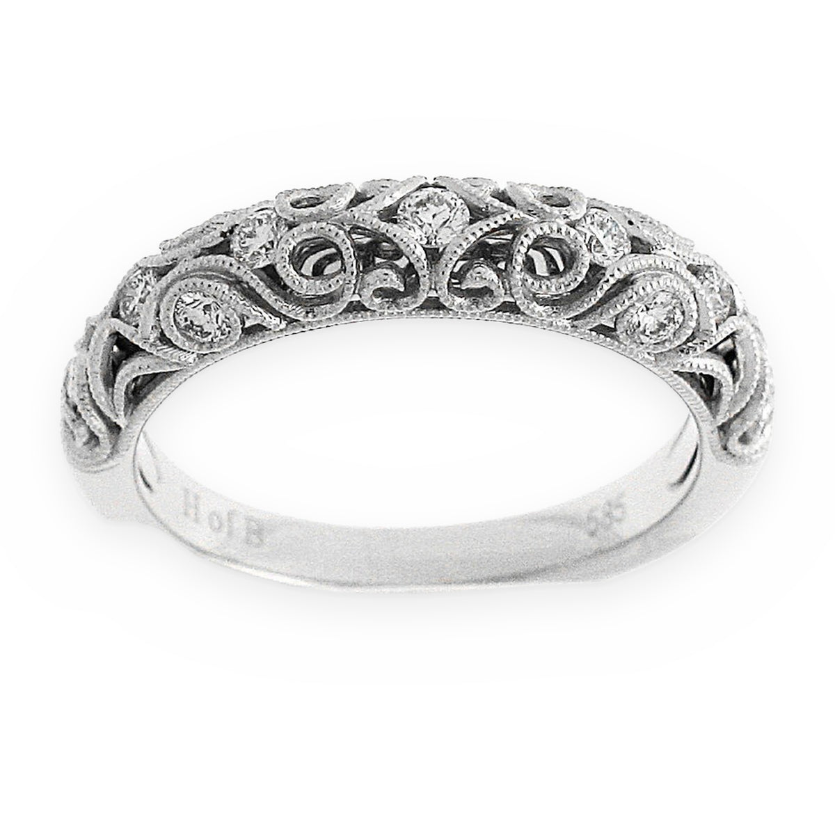White gold diamond scroll filigree band viewed from above