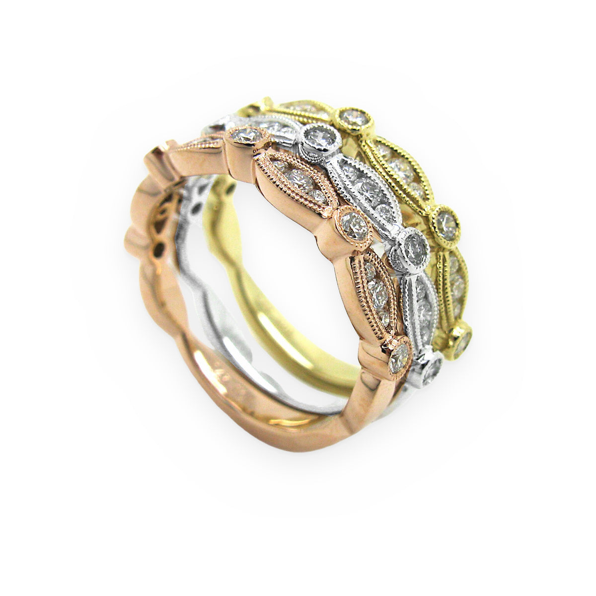Tri-color gold triple-row diamond eternity band, angled view