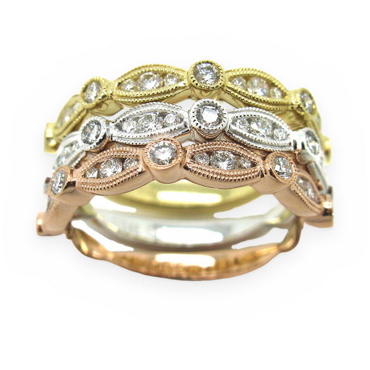 Tri-color gold three-row diamond band viewed from the top
