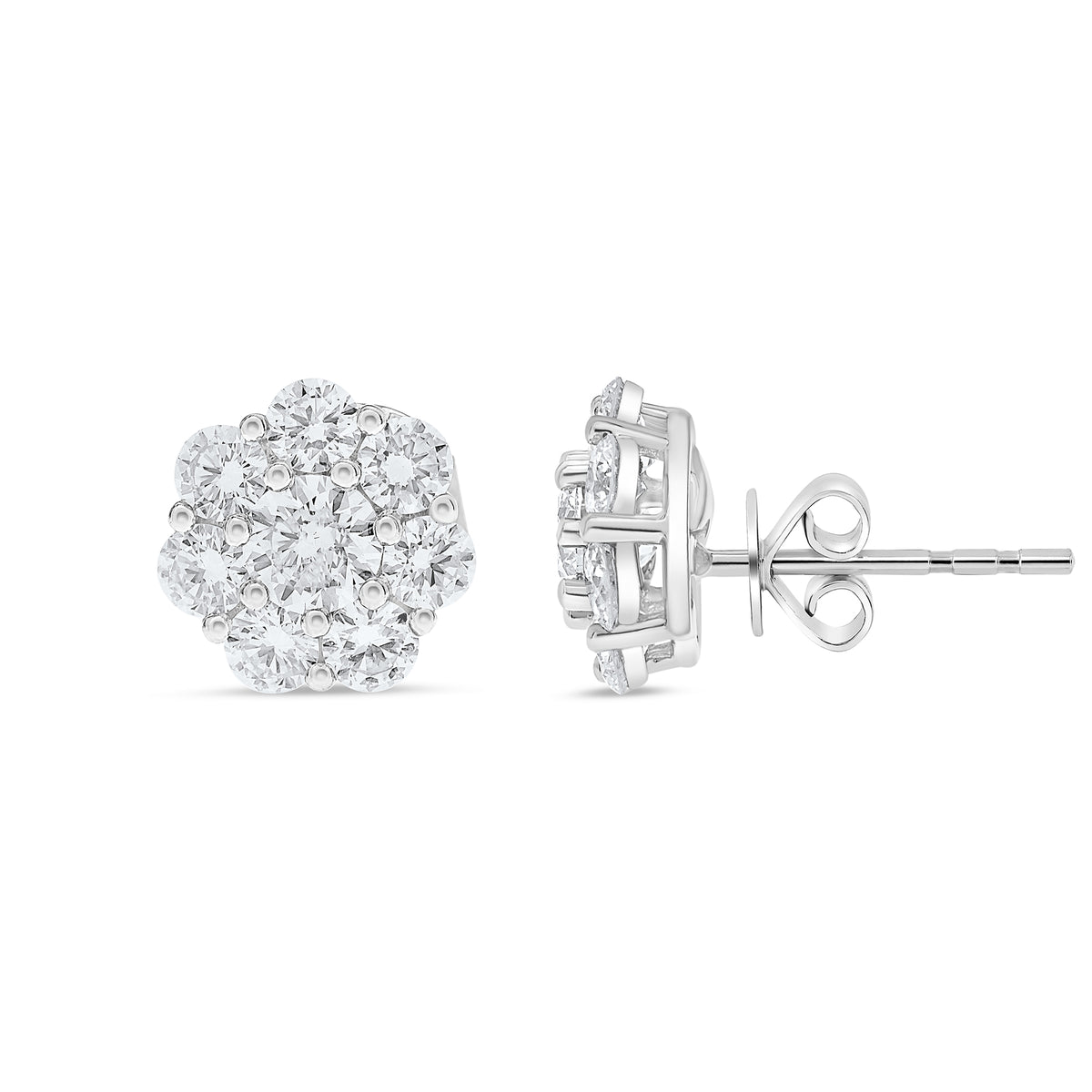 14K White Gold Round Diamond Cluster Earrings
