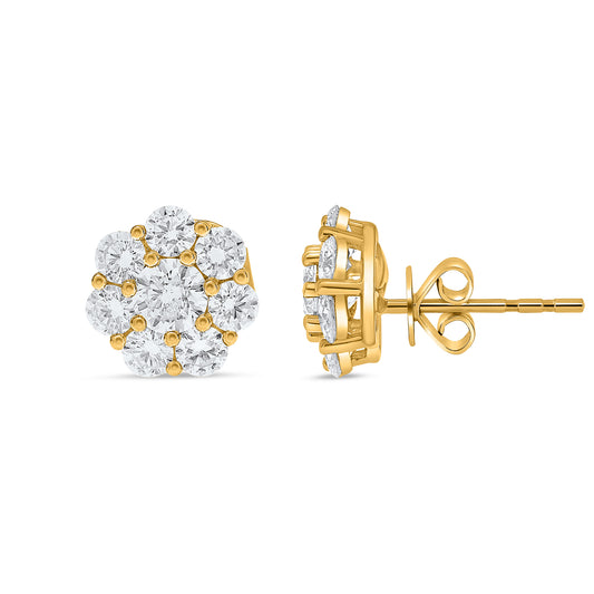 14K Yellow Gold Round Diamond Cluster Earrings