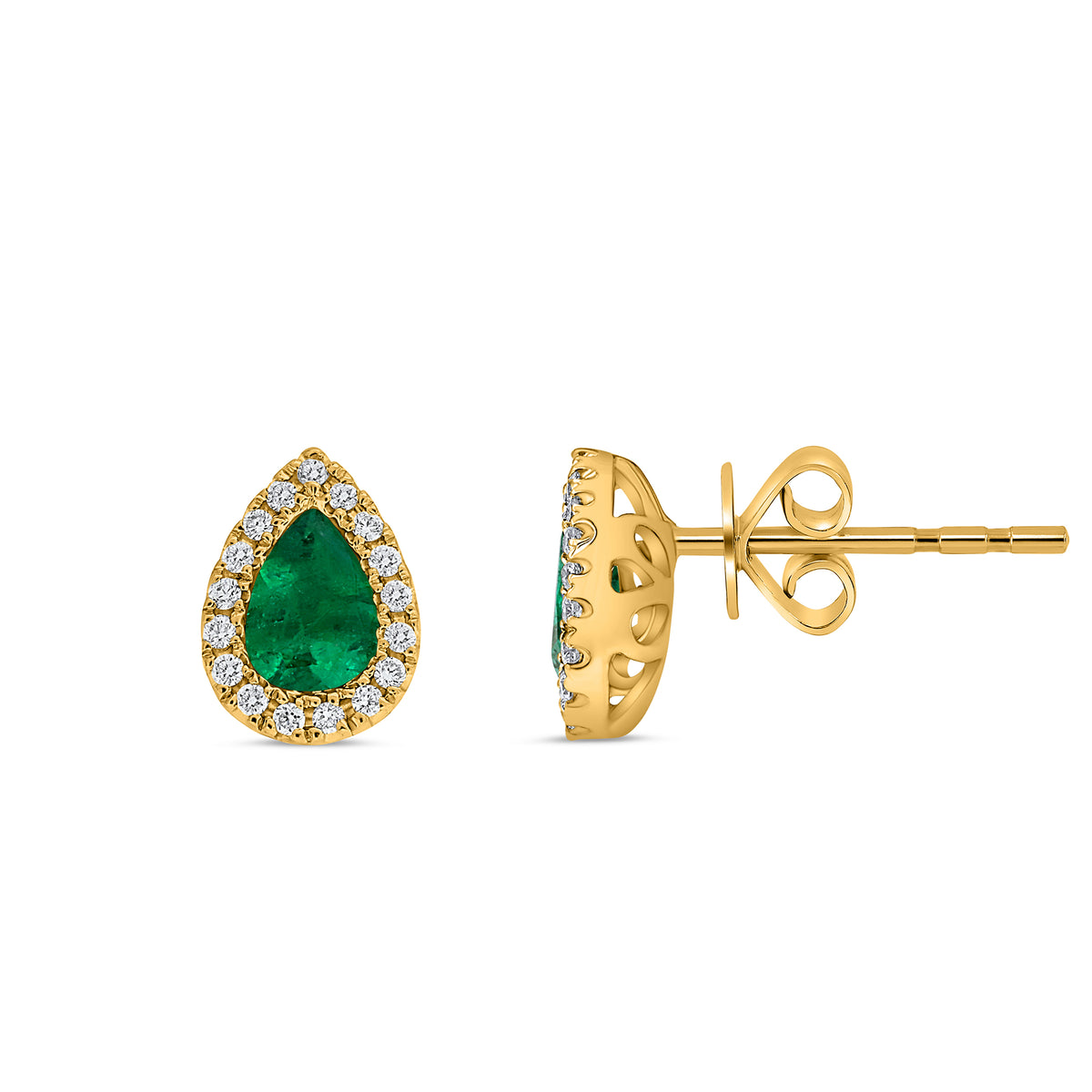 14K Yellow Gold Pear Emerald Halo Earrings