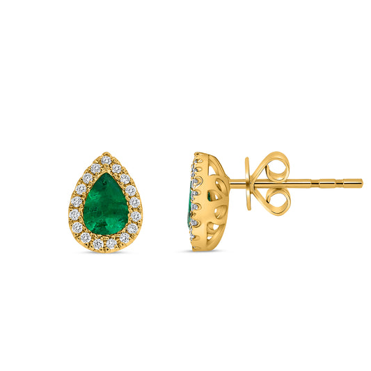 14K Yellow Gold Pear Emerald Halo Earrings
