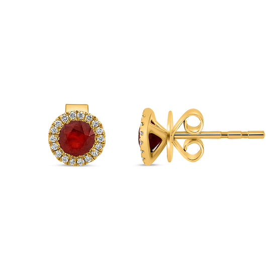 14K Yellow Gold Round Ruby Halo Earrings