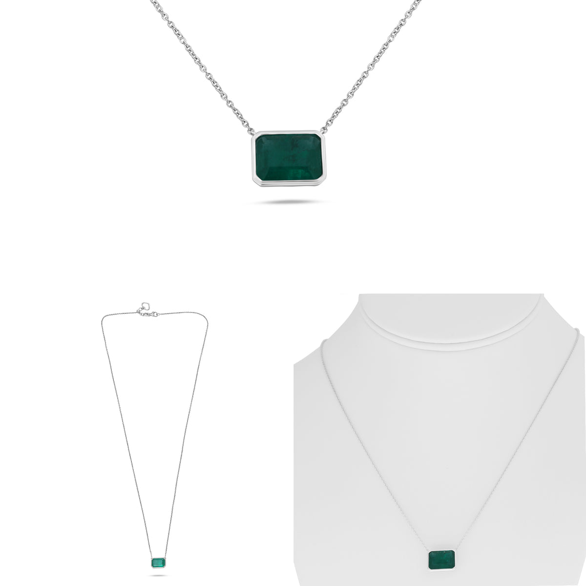 18K White Gold Cushion Emerald Necklace