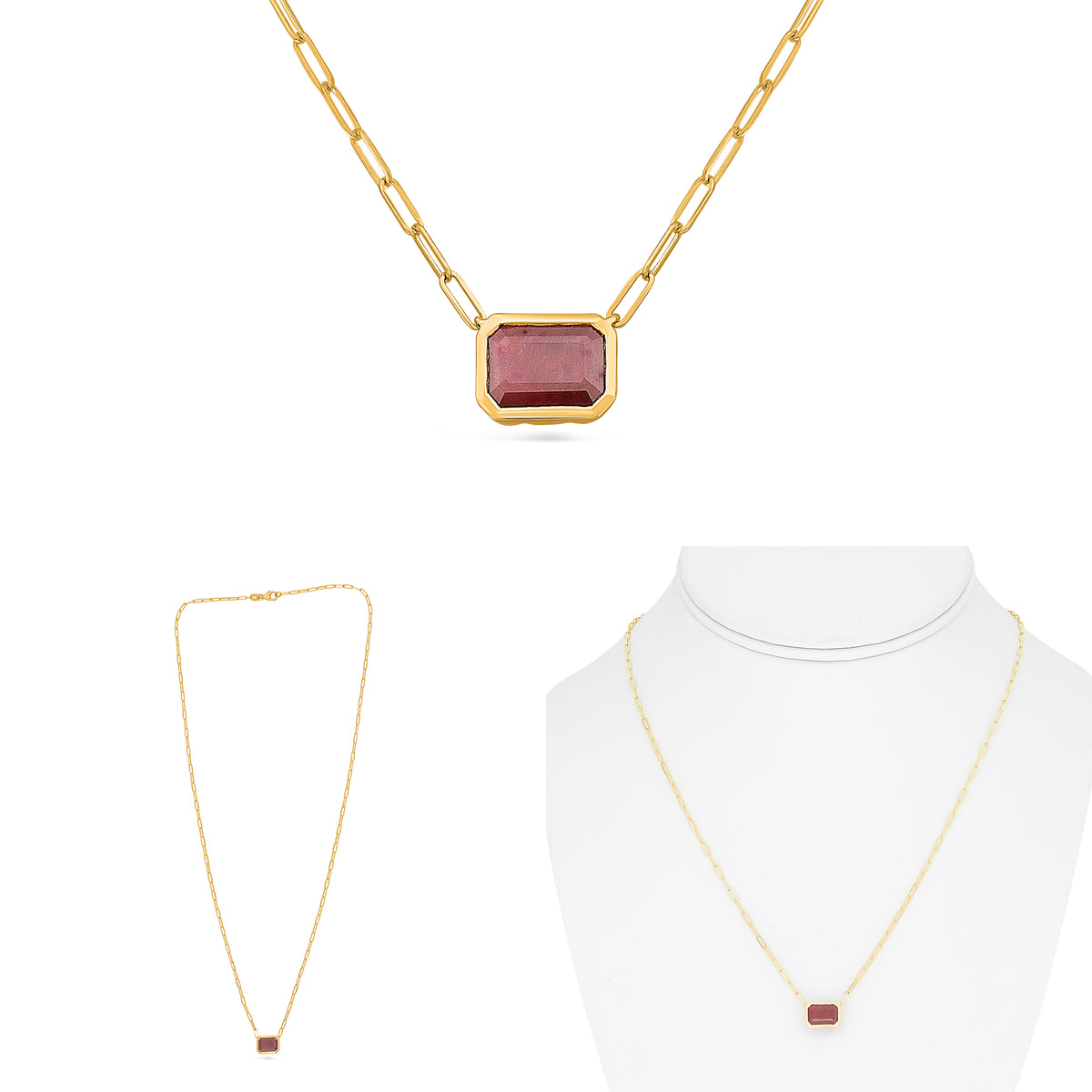 14K Yellow Gold Cushion Ruby Necklace