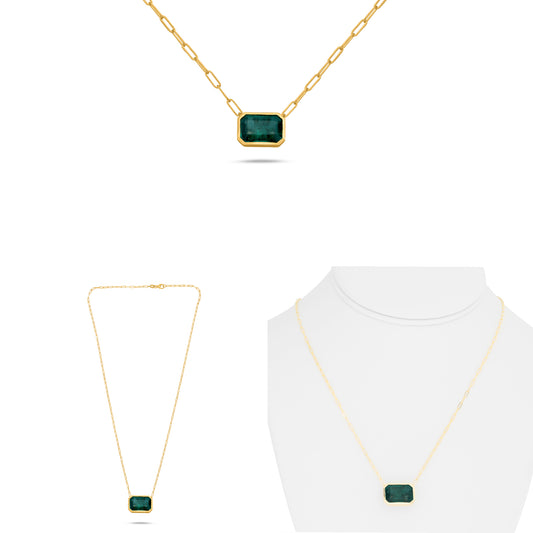 14K Yellow Gold Cushion Emerald Necklace