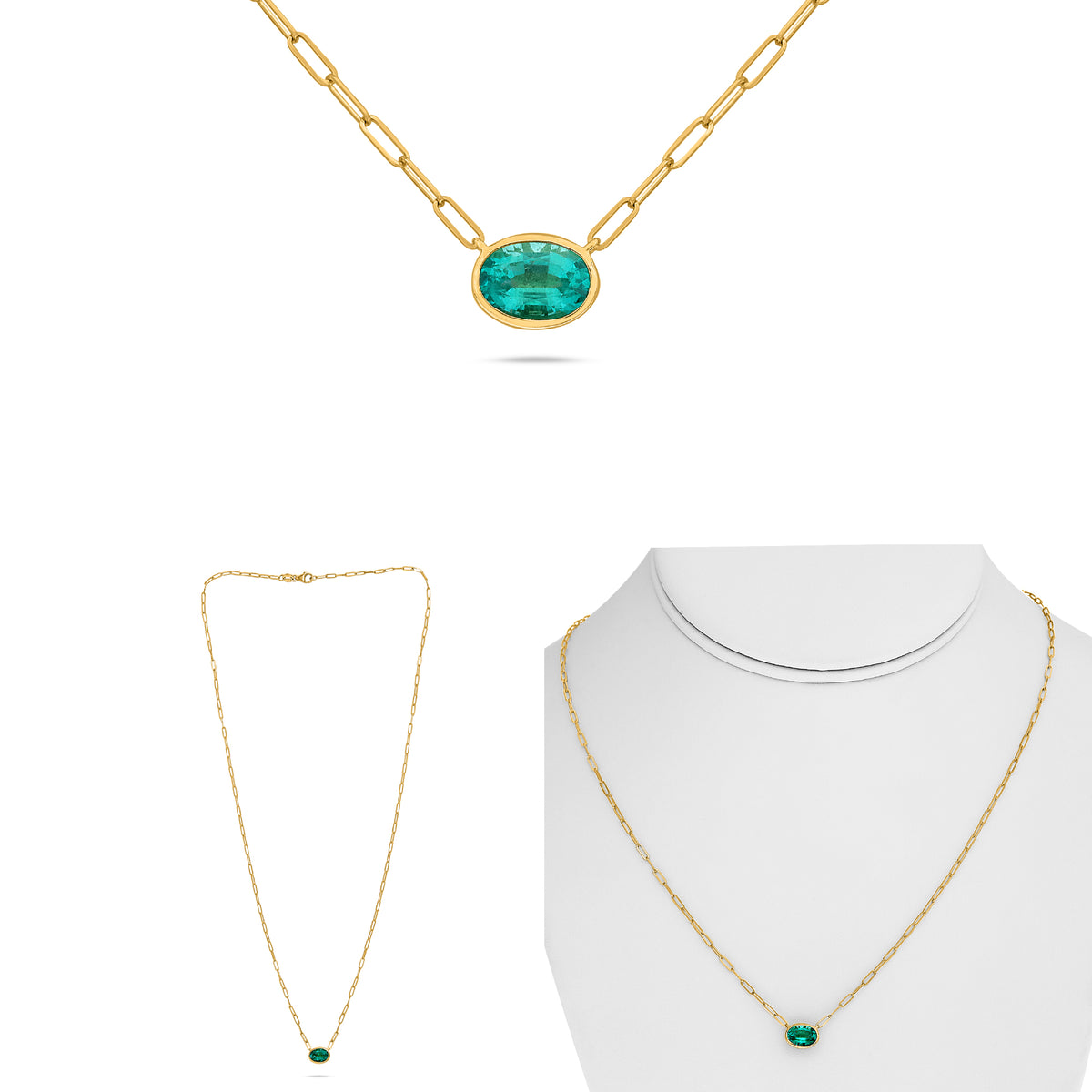 14K Yellow Gold Oval Emerald Necklace