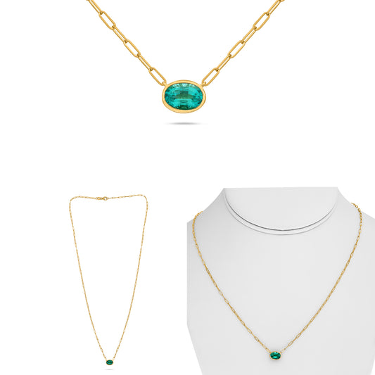 14K Yellow Gold Oval Emerald Necklace