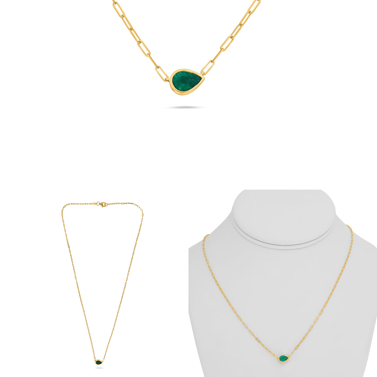 14K Yellow Gold Pear Emerald Necklace