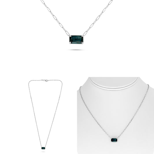 18K White Gold Emerald Cut Green Sapphire Necklace