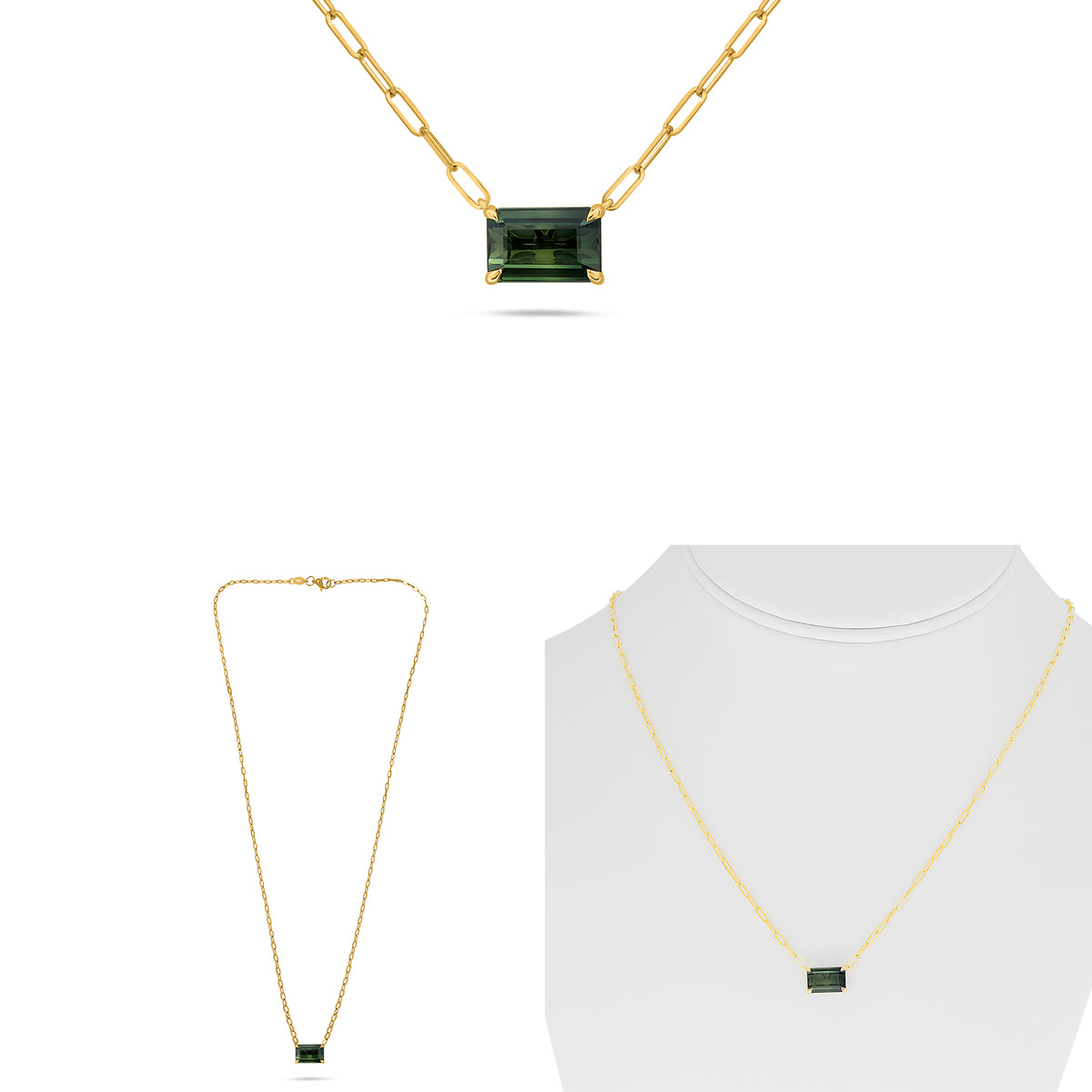 18K Yellow Gold Emerald Cut Green Sapphire Necklace