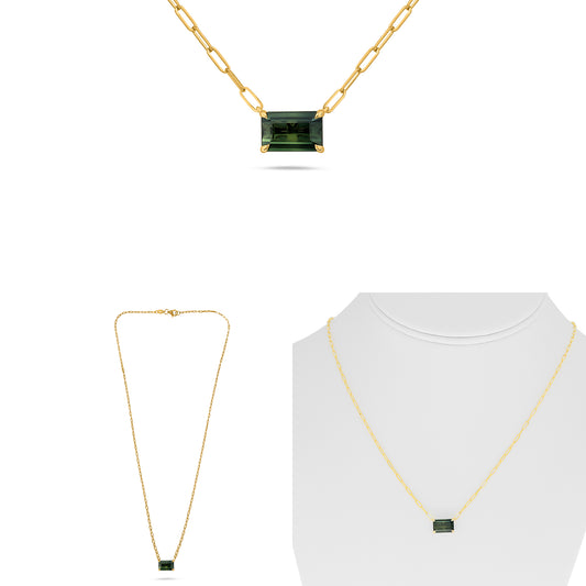 18K Yellow Gold Emerald Cut Green Sapphire Necklace