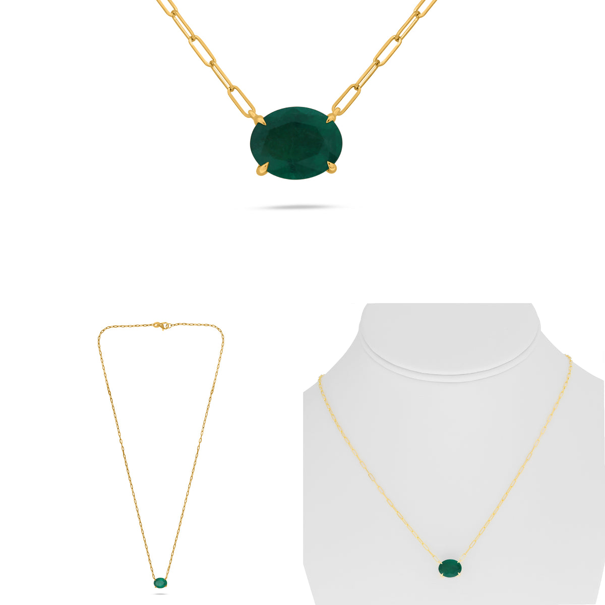 18K Yellow Gold Oval Emerald Necklace