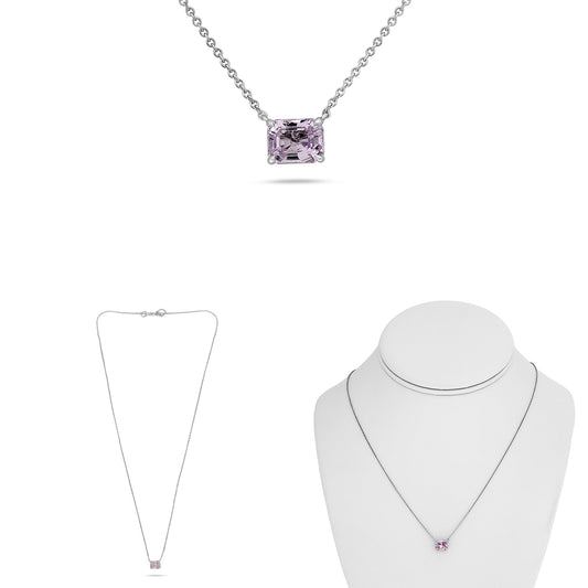 14K White Gold Emerald Cut Pink Sapphire Necklace