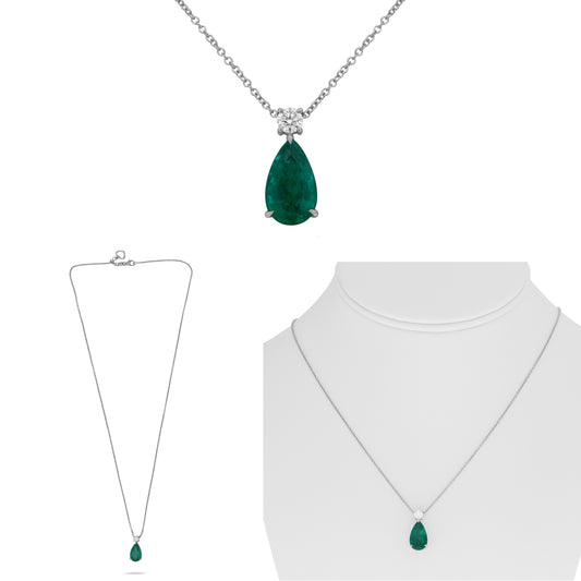 18K White Gold Pear Emerald Necklace