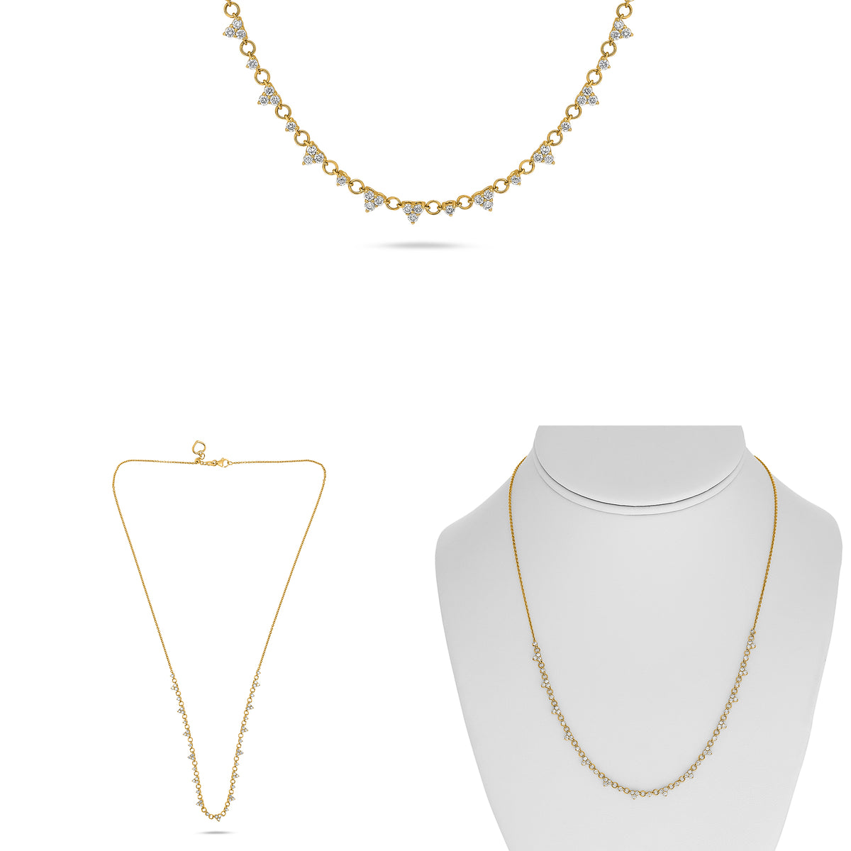 14K Yellow Gold Round Diamond Cluster Necklace