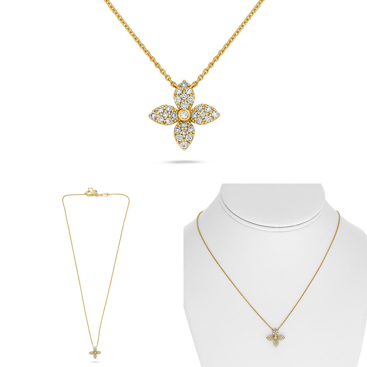 14K Yellow Gold Round Diamond Cluster Necklace