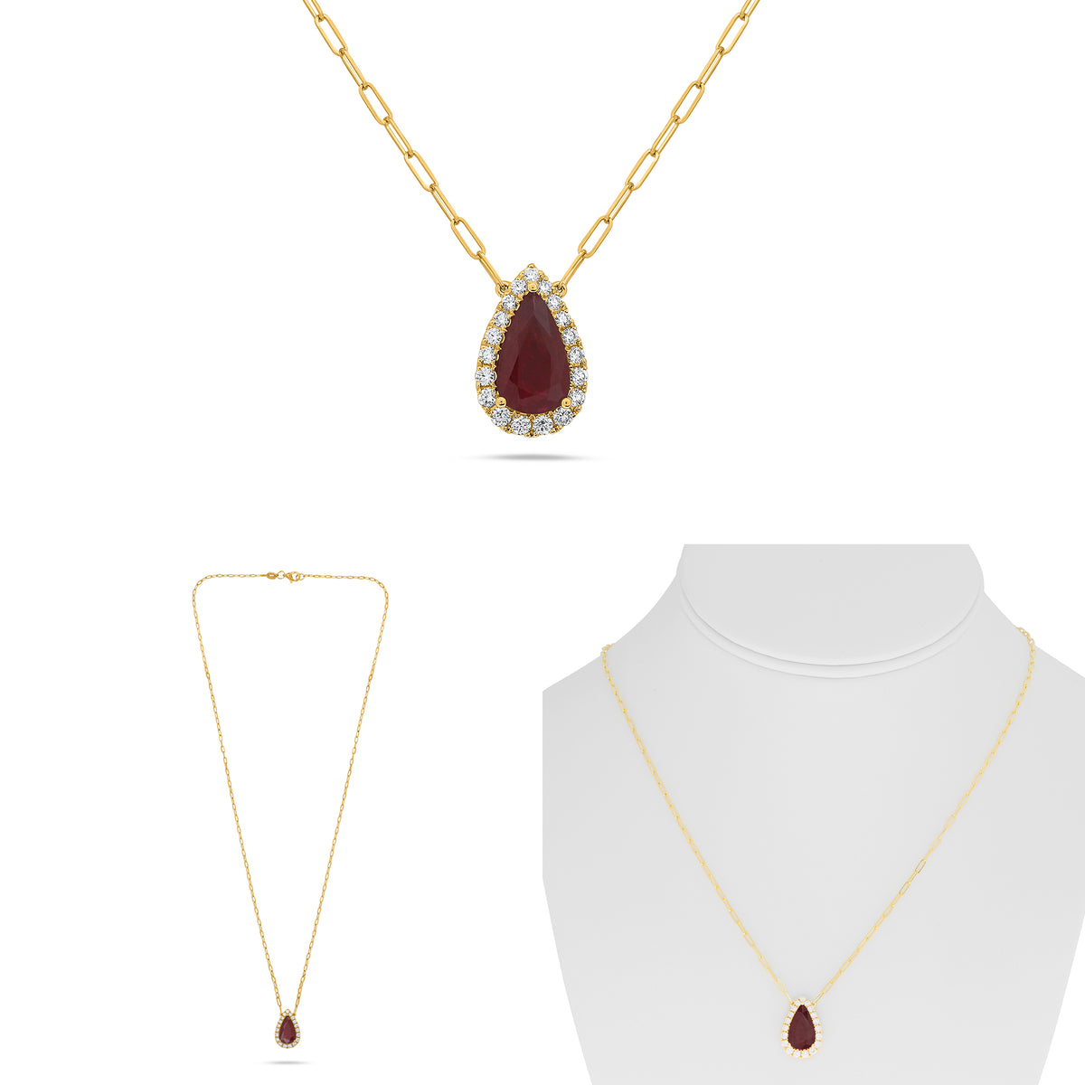 18K Yellow Gold Pear Ruby Halo Necklace