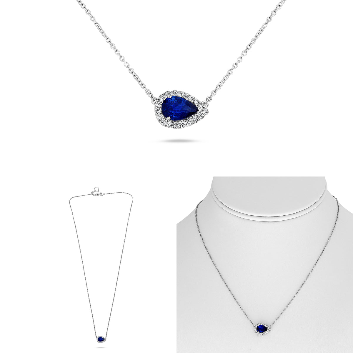 18K White Gold Pear Sapphire Halo Necklace