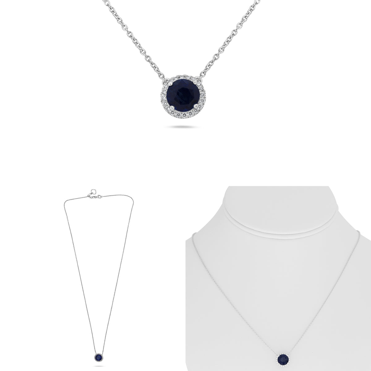 18K White Gold Round Sapphire Halo Necklace