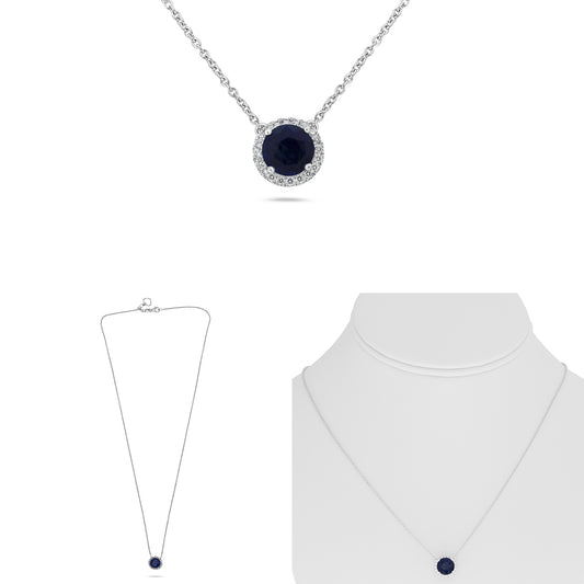 18K White Gold Round Sapphire Halo Necklace