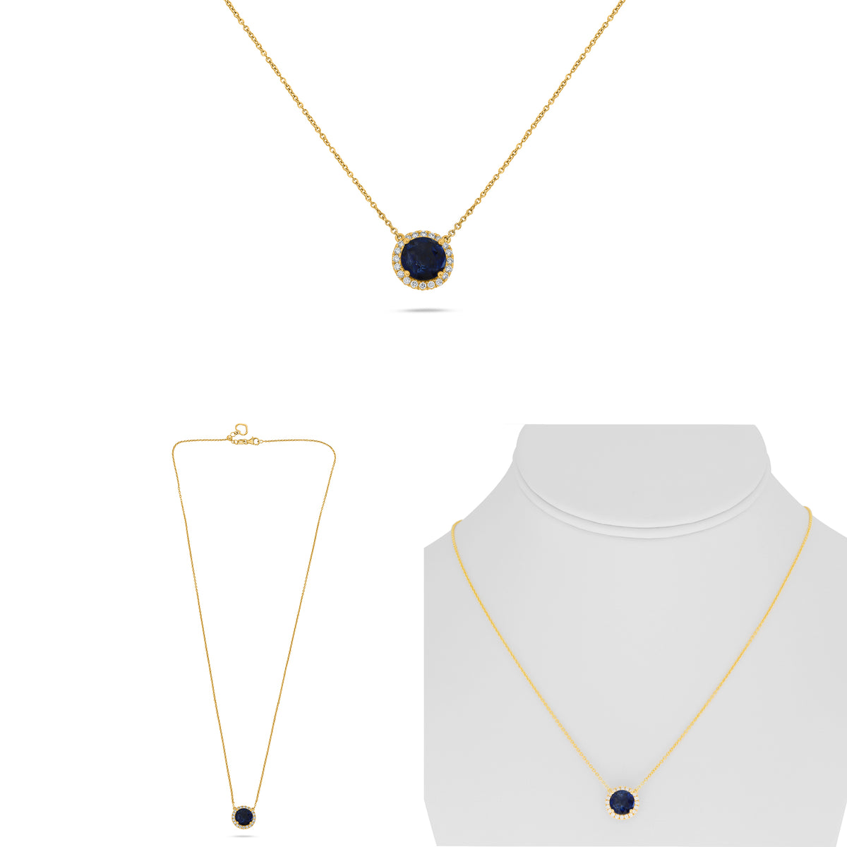 18K Yellow Gold Round Sapphire Halo Necklace
