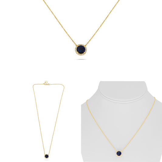 18K Yellow Gold Round Sapphire Halo Necklace