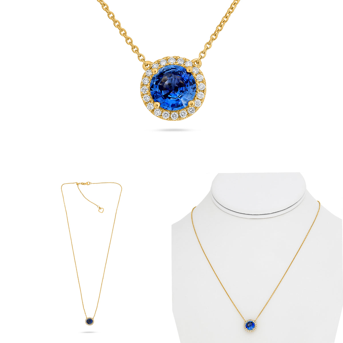 14K Yellow Gold Round Sapphire Halo Necklace