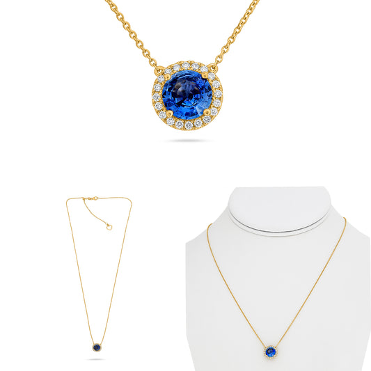 14K Yellow Gold Round Sapphire Halo Necklace