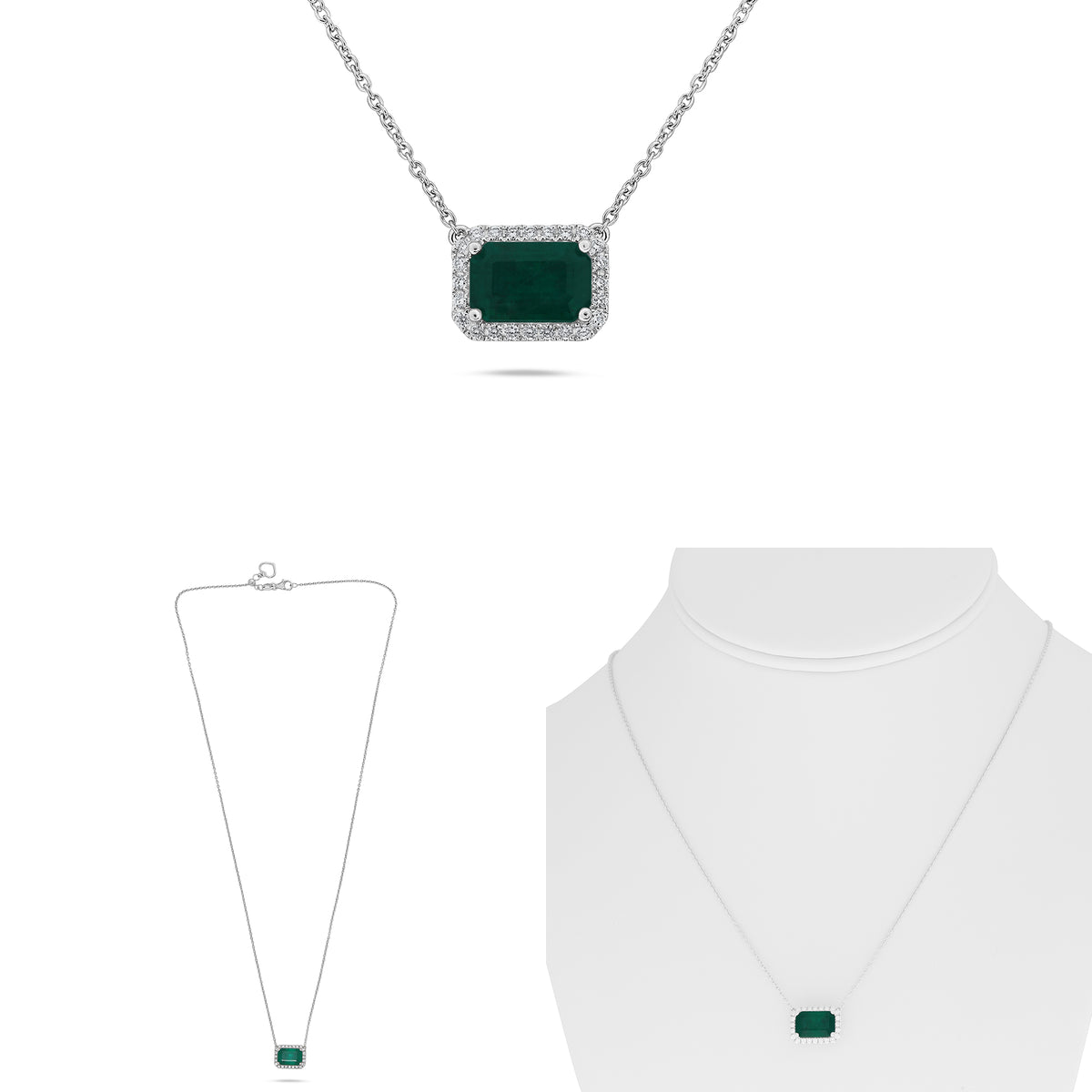 18K White Gold Emerald Cut Emerald Halo Necklace