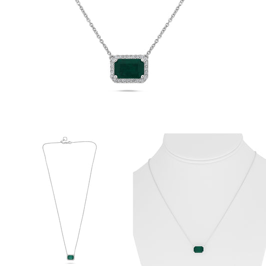 18K White Gold Emerald Cut Emerald Halo Necklace