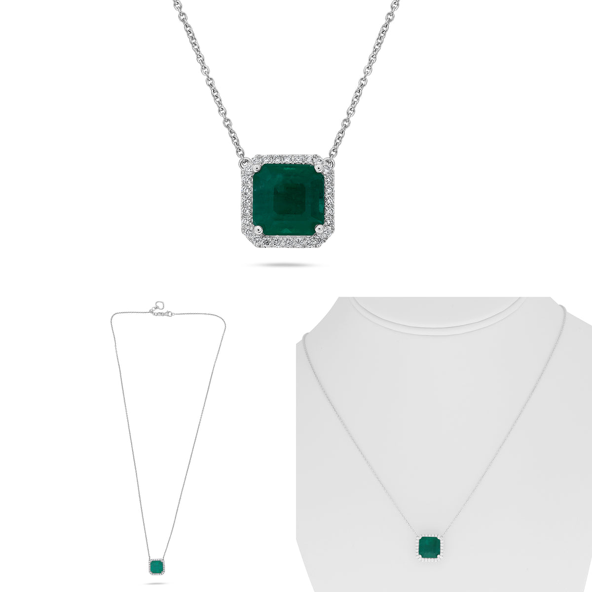 18K White Gold Emerald Cut Emerald Halo Necklace