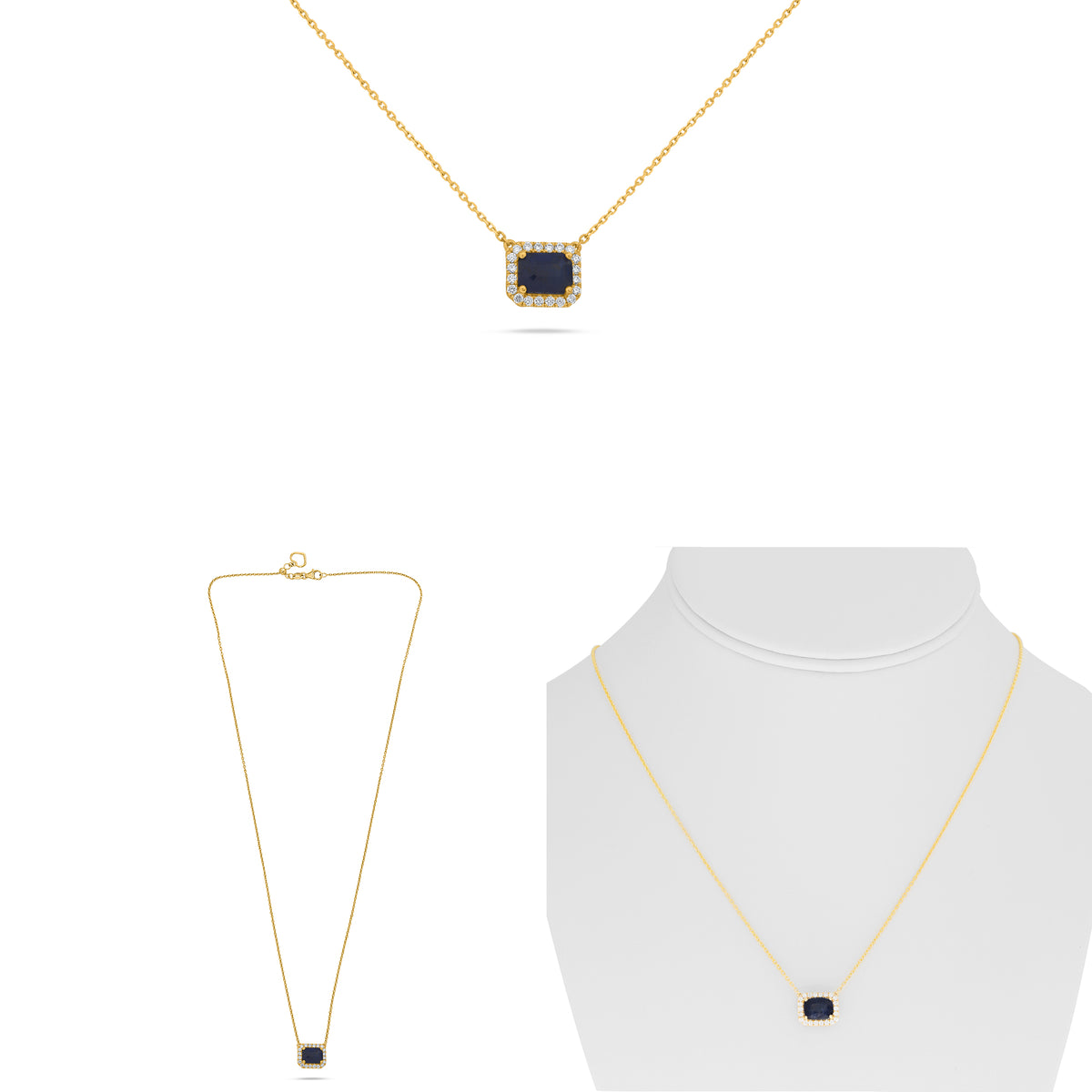 14K Yellow Gold Cushion Sapphire Halo Necklace