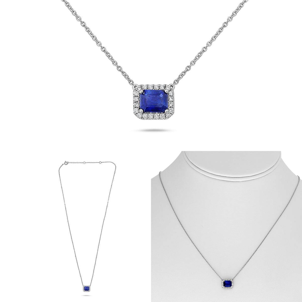 14K White Gold Emerald Cut Sapphire Halo Necklace