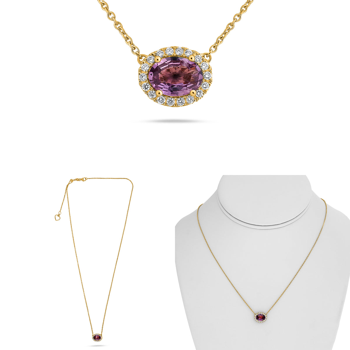 14K Yellow Gold Oval Pink Sapphire Halo Necklace