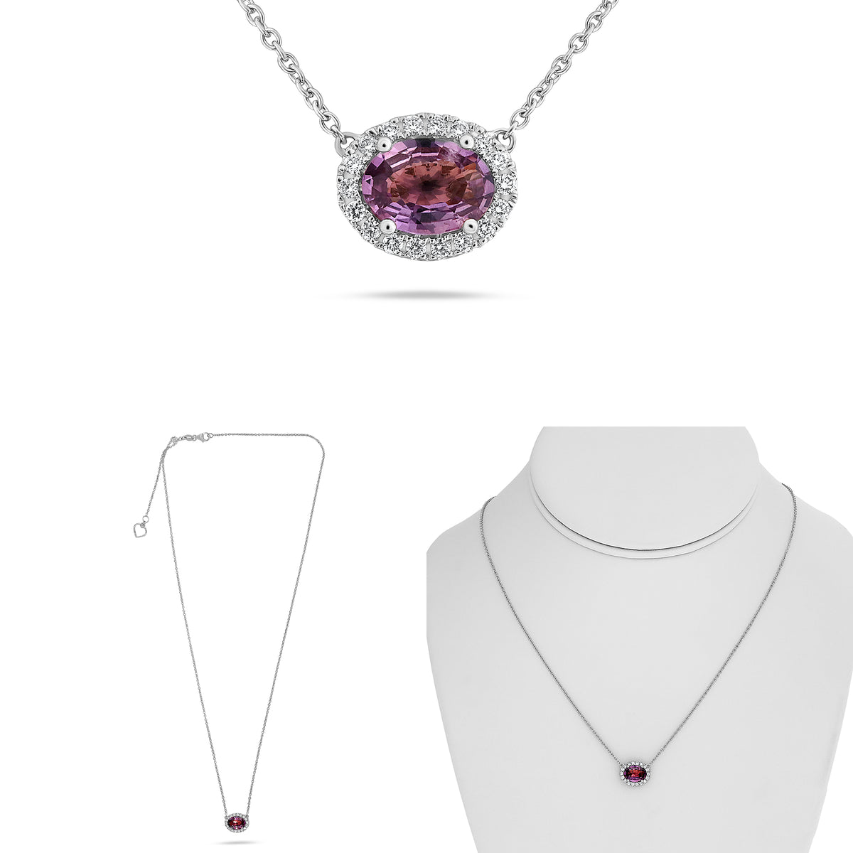14K White Gold Oval Pink Sapphire Halo Necklace
