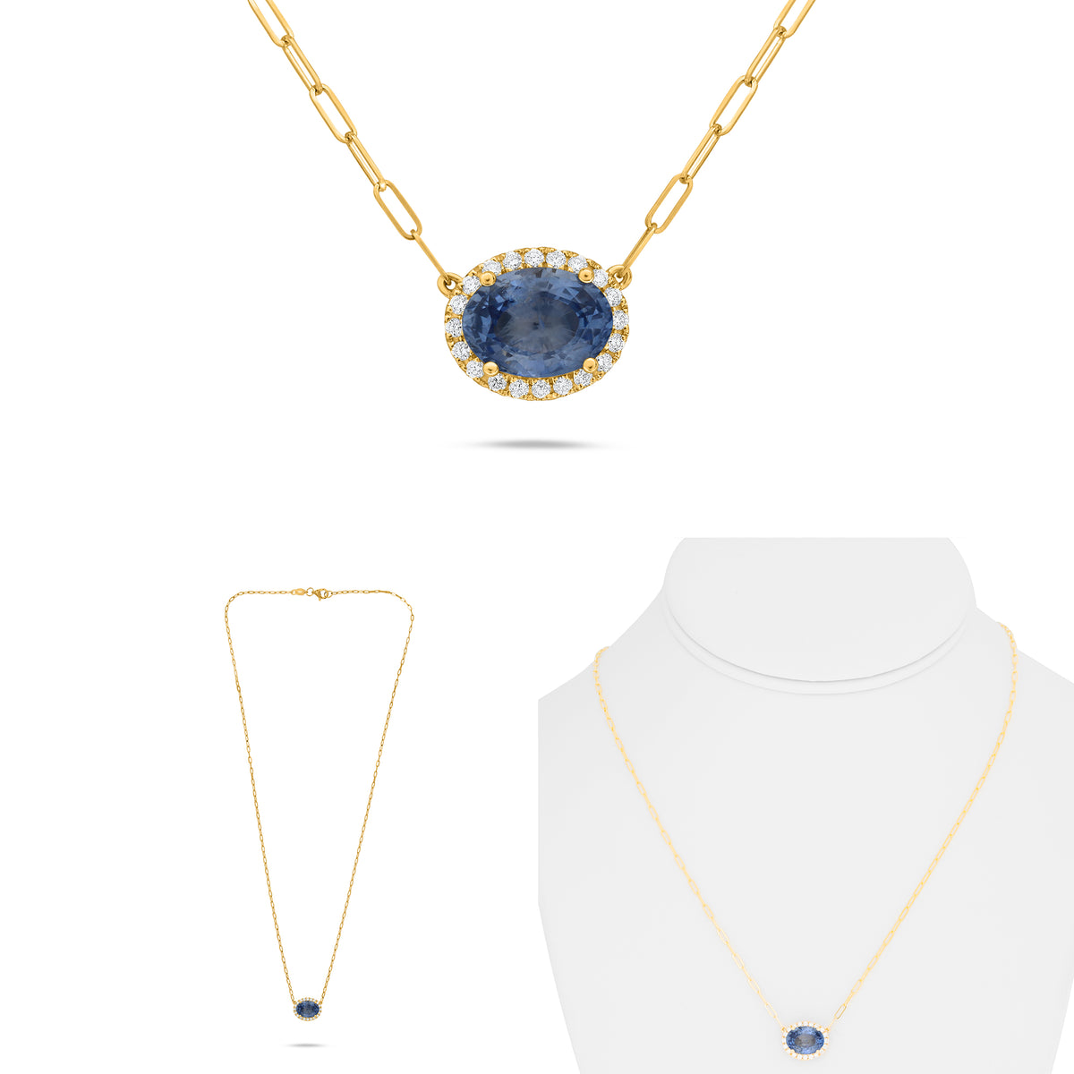 14K Yellow Gold Oval Sapphire Halo Necklace