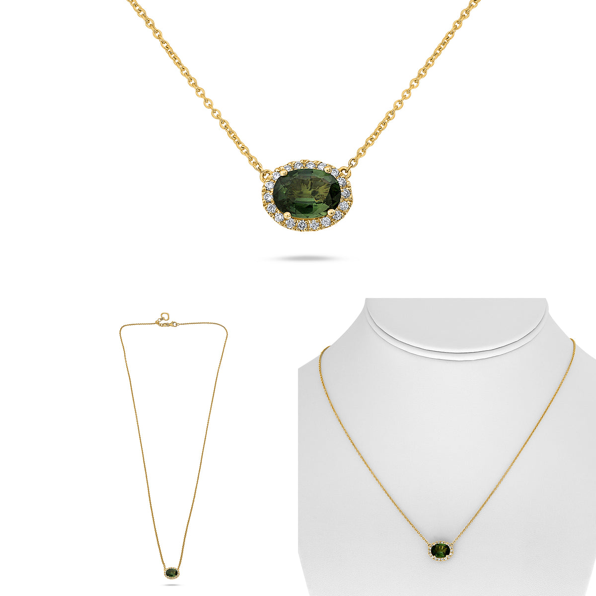 14K Yellow Gold Oval Green Sapphire Halo Necklace