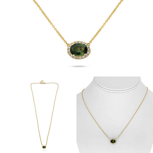 14K Yellow Gold Oval Green Sapphire Halo Necklace