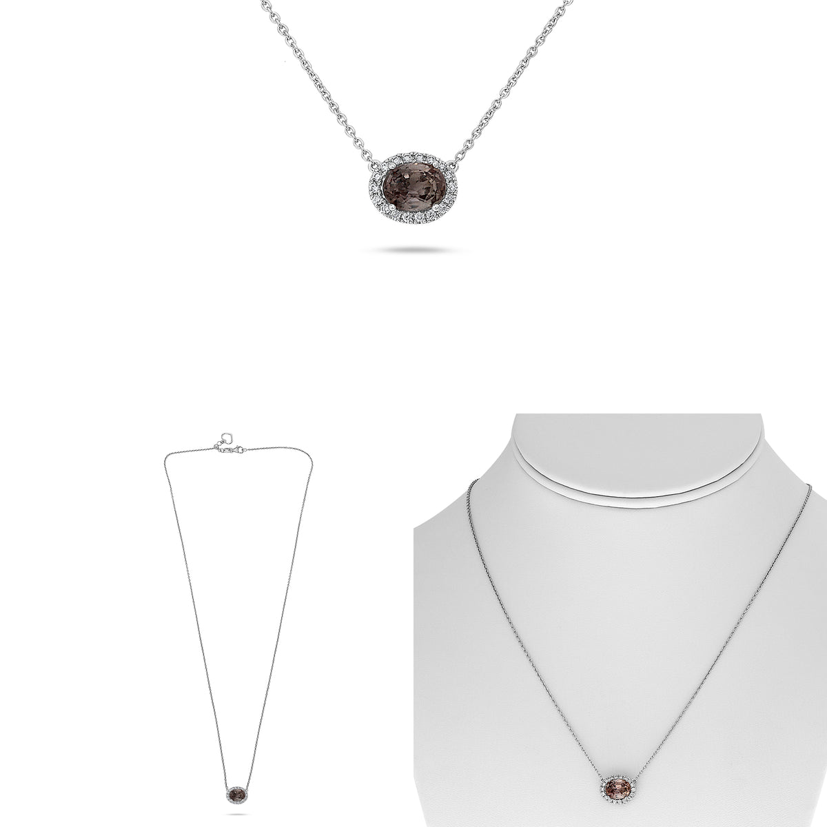 14K White Gold Oval Pink Sapphire Halo Necklace