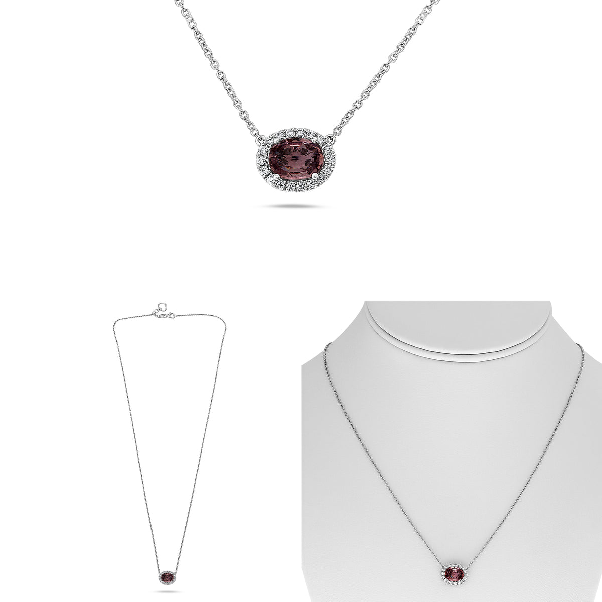 18K White Gold Oval Pink Sapphire Halo Necklace